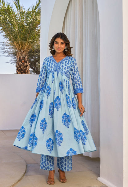 Blue Hand Block Printed Kurta Set With Dupatta - Tara - C - Tara