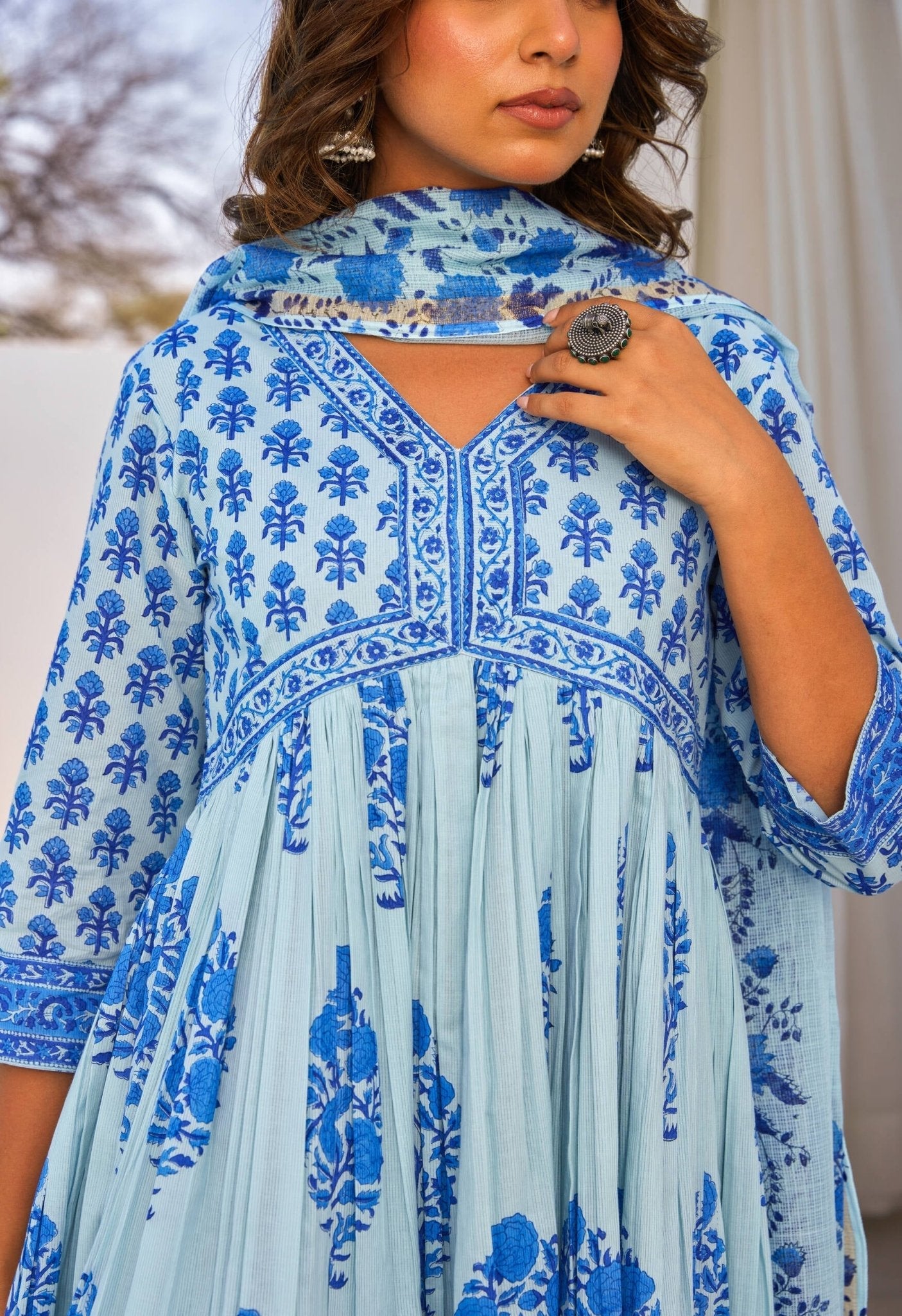Blue Hand Block Printed Kurta Set With Dupatta - Tara - C - Tara