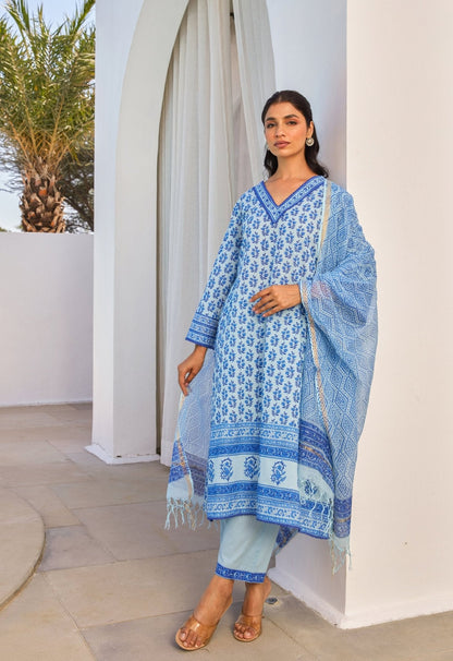 Blue Hand Block Printed Kurta Set With Dupatta - Tara - C - Tara
