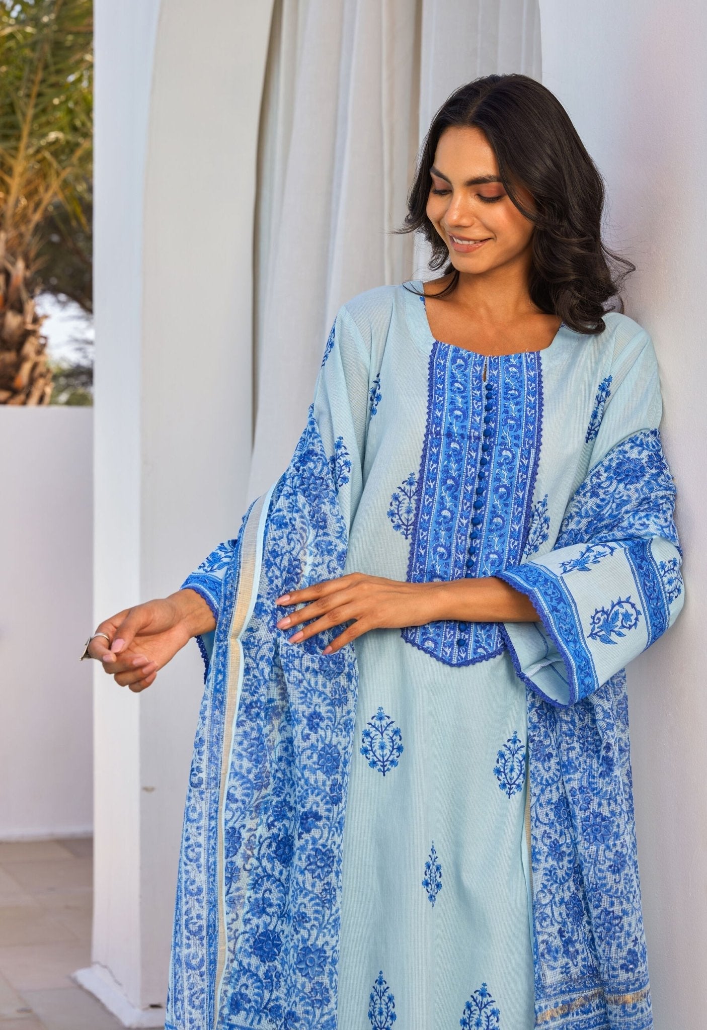 Blue Hand Block Printed Kurta Set With Dupatta - Tara - C - Tara