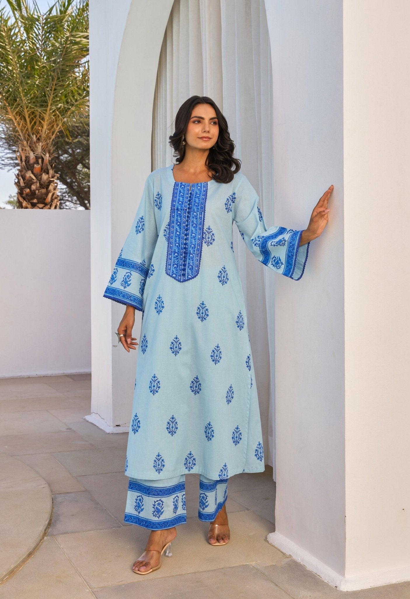 Blue Hand Block Printed Kurta Set With Dupatta - Tara - C - Tara