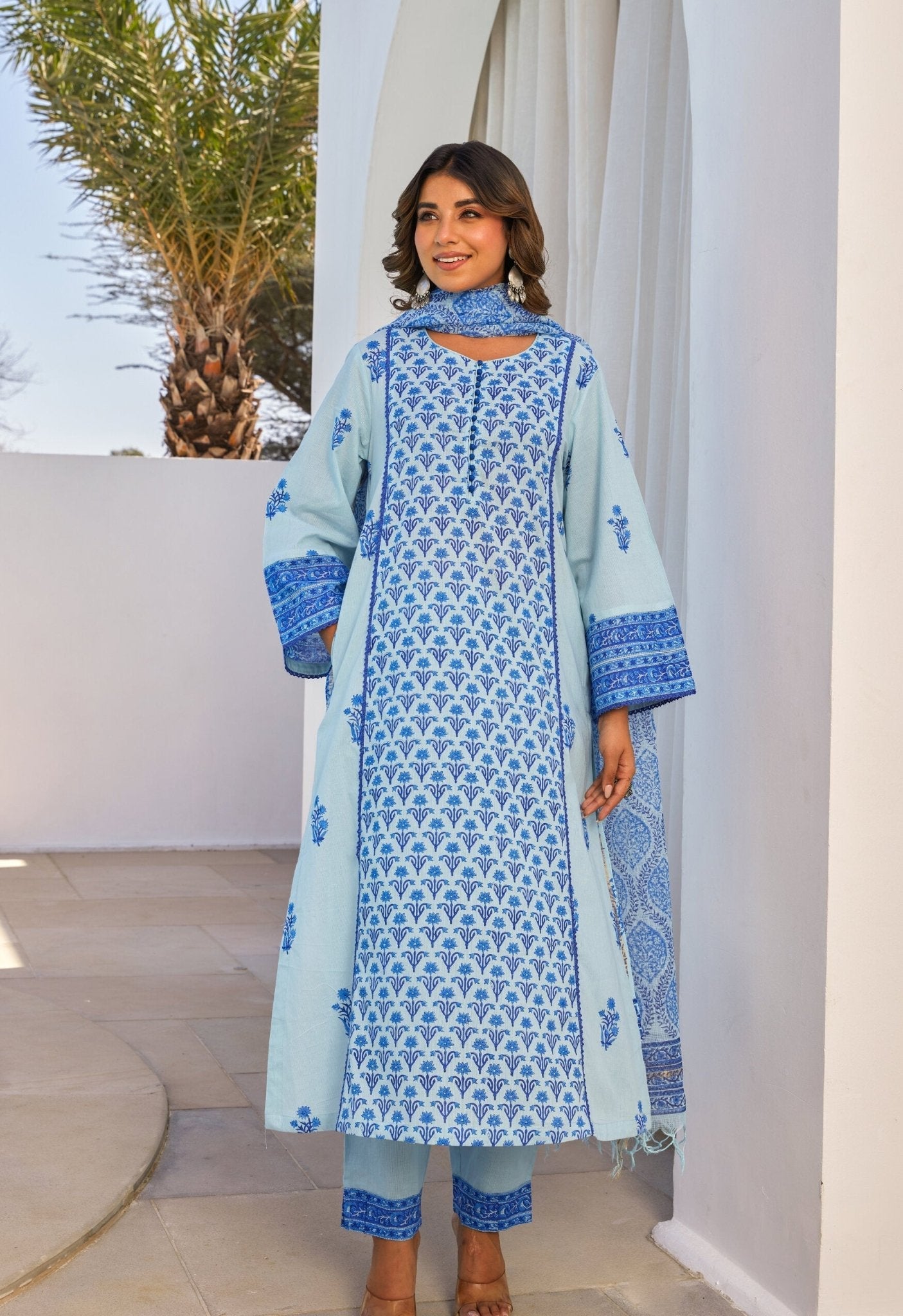Blue Hand Block Printed Kurta Set With Dupatta - Tara - C - Tara