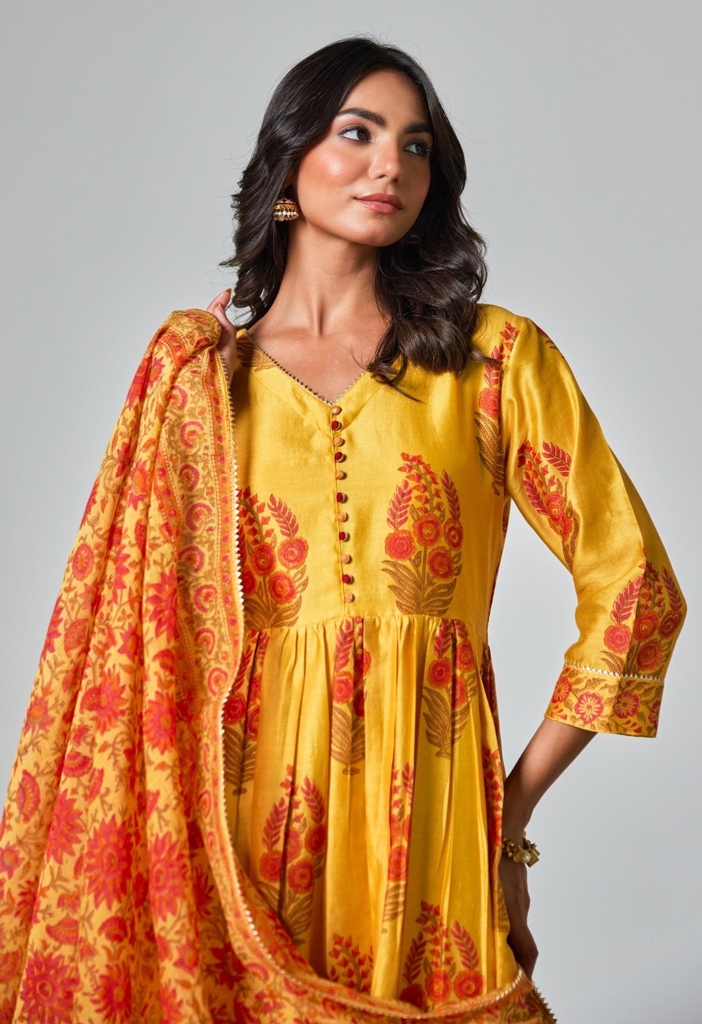 Chanderi Hand Block Printed Suit Set With Dupatta - Tara - C - Tara