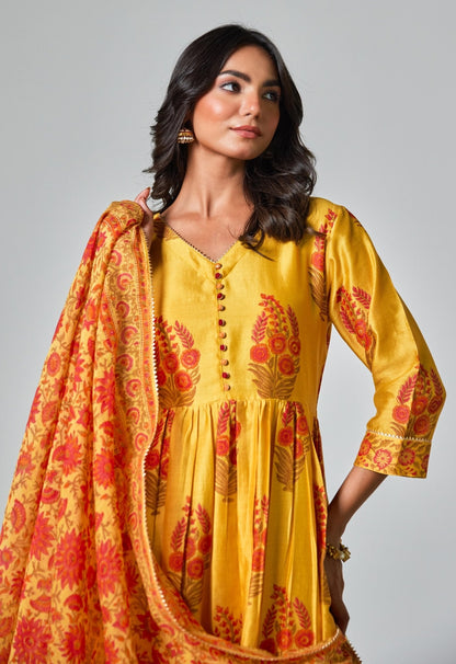 Chanderi Hand Block Printed Suit Set With Dupatta - Tara - C - Tara