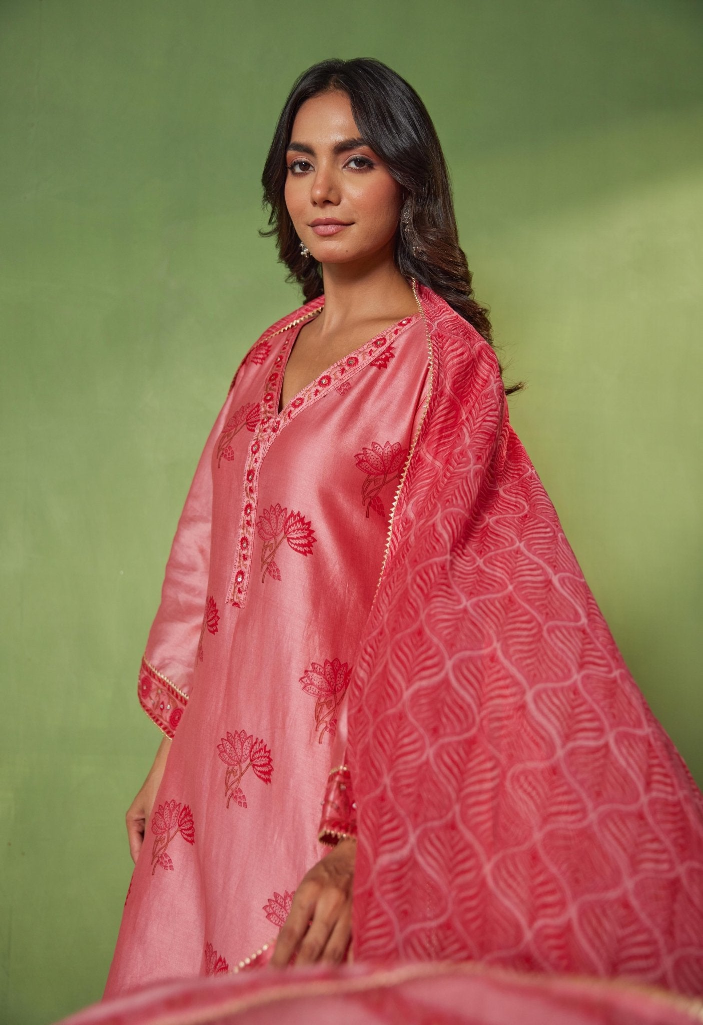 Chanderi Hand Block Printed Suit Set With Dupatta - Tara - C - Tara