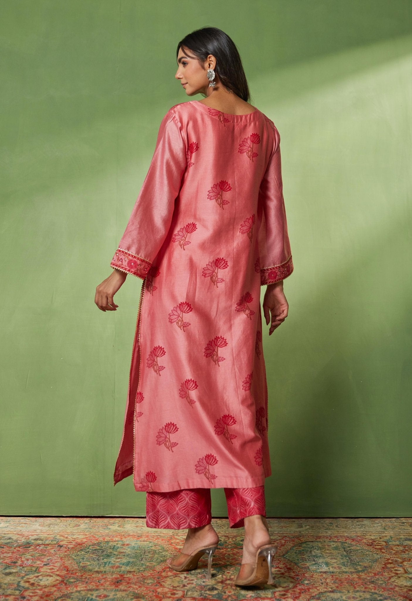 Chanderi Hand Block Printed Suit Set With Dupatta - Tara - C - Tara