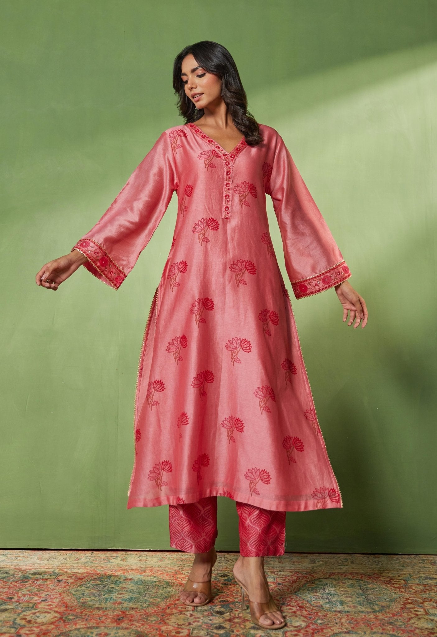 Chanderi Hand Block Printed Suit Set With Dupatta - Tara - C - Tara