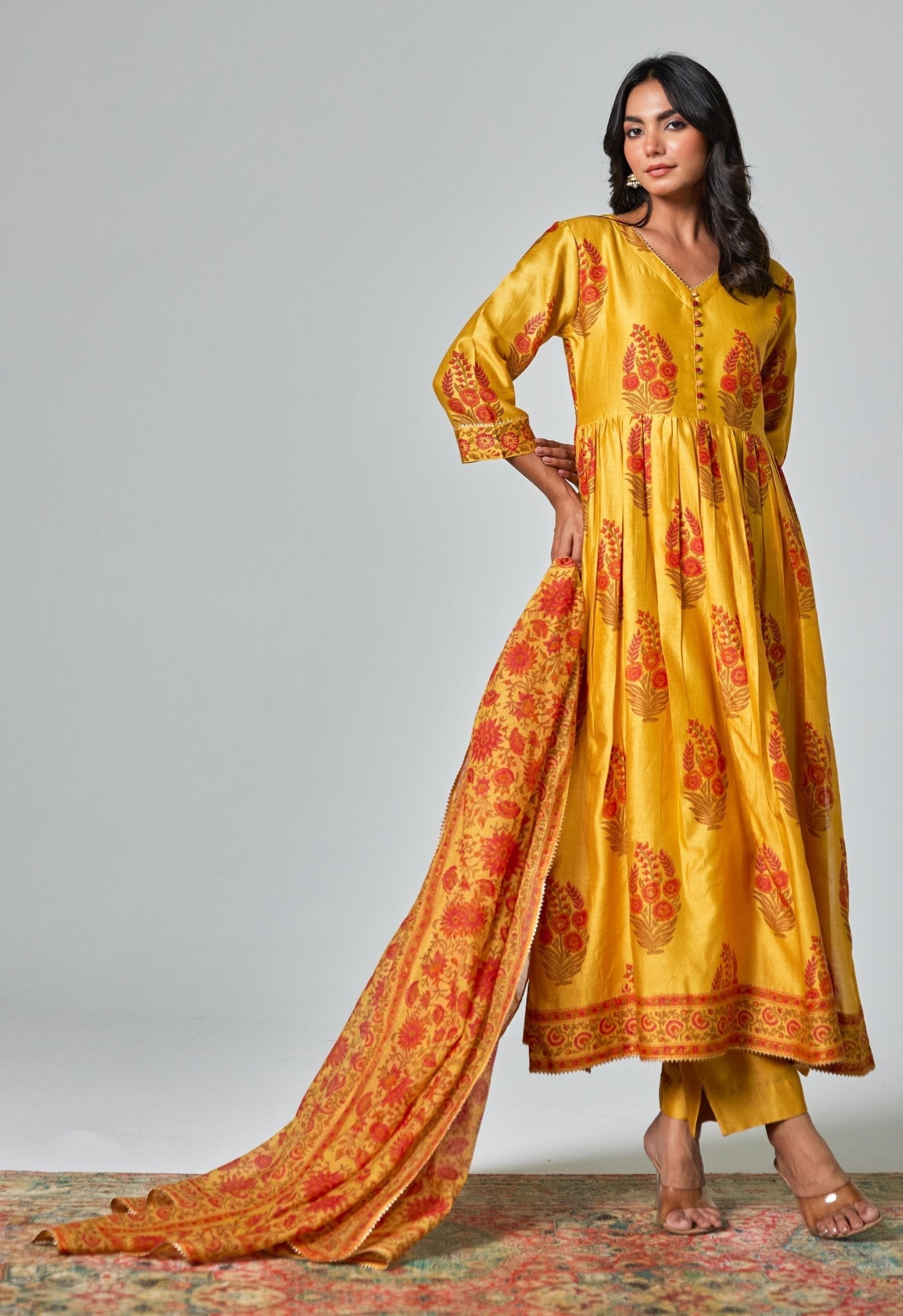 Chanderi Hand Block Printed Suit Set With Dupatta - Tara - C - Tara