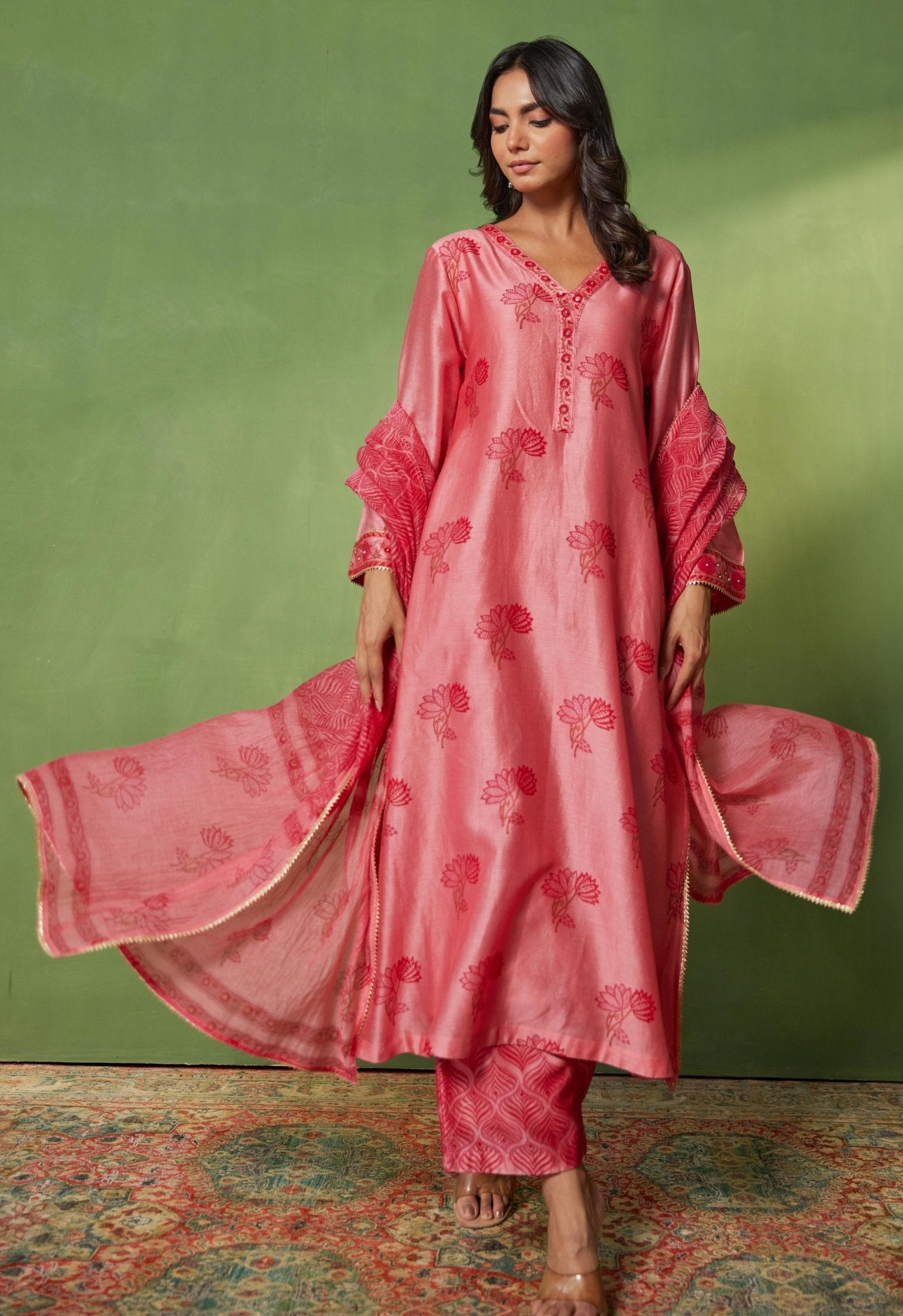 Chanderi Hand Block Printed Suit Set With Dupatta - Tara - C - Tara