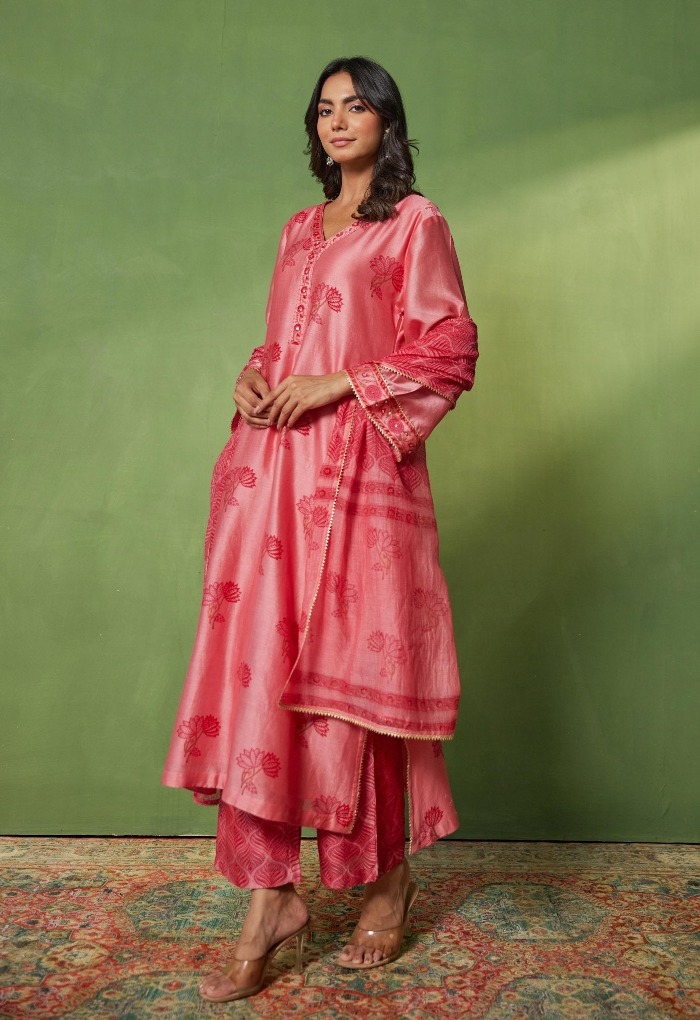 Chanderi Hand Block Printed Suit Set With Dupatta - Tara - C - Tara