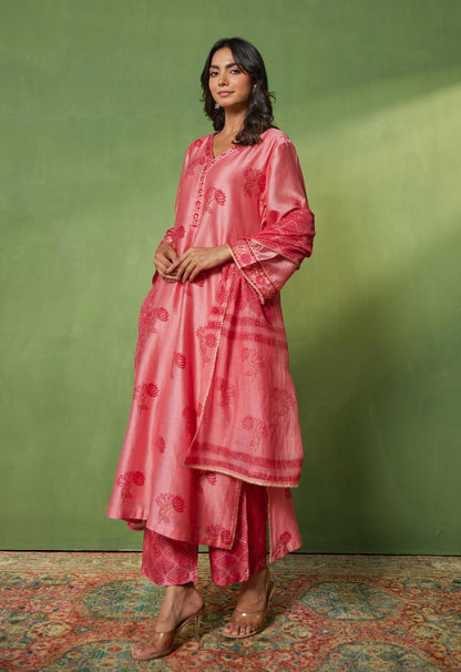 Chanderi Hand Block Printed Suit Set With Dupatta - Tara - C - Tara