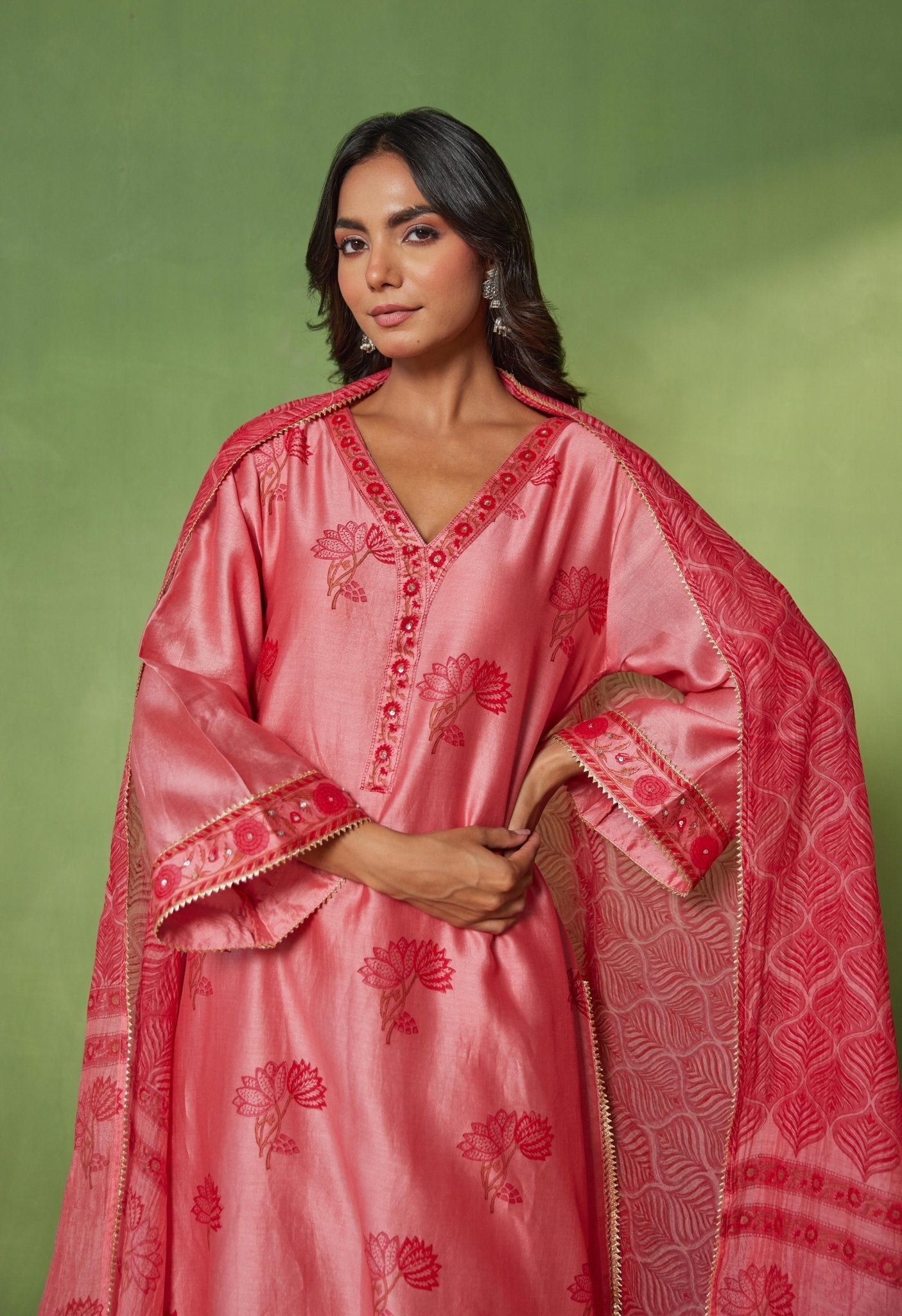 Chanderi Hand Block Printed Suit Set With Dupatta - Tara - C - Tara