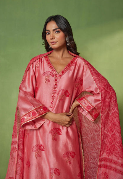 Chanderi Hand Block Printed Suit Set With Dupatta - Tara - C - Tara