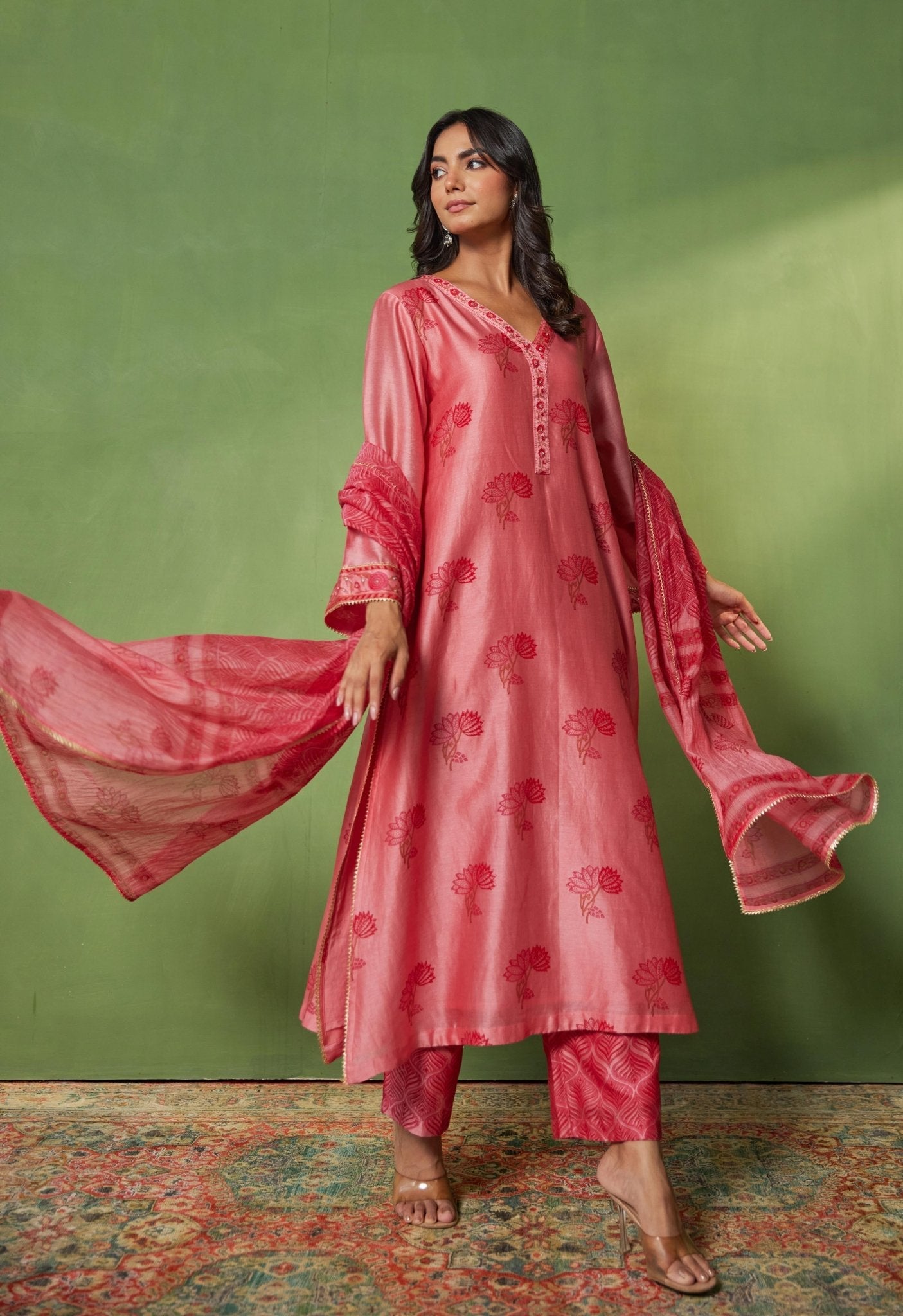 Chanderi Hand Block Printed Suit Set With Dupatta - Tara - C - Tara
