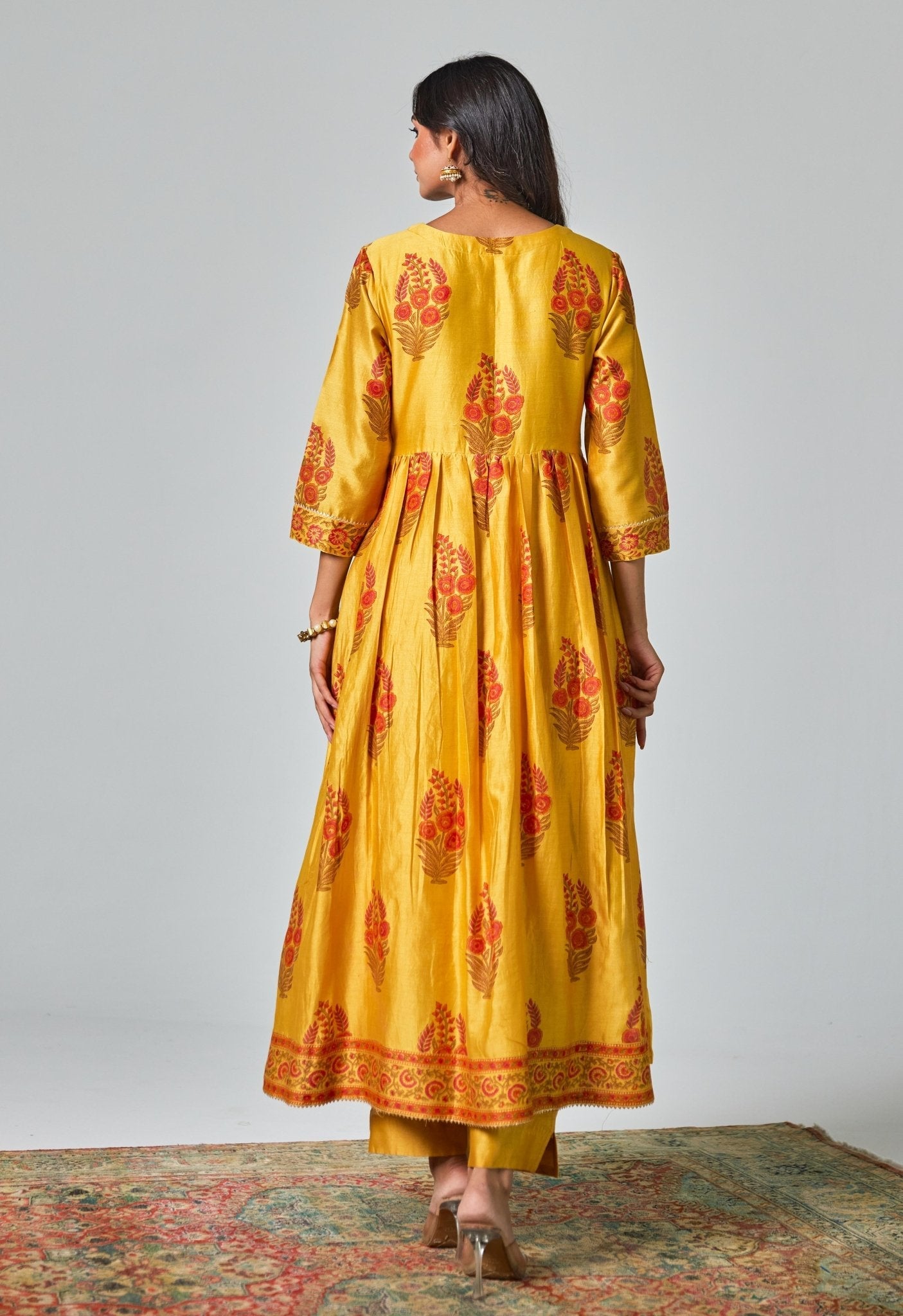 Chanderi Hand Block Printed Suit Set With Dupatta - Tara - C - Tara