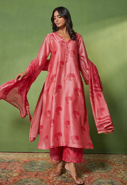 Chanderi Hand Block Printed Suit Set With Dupatta - Tara - C - Tara