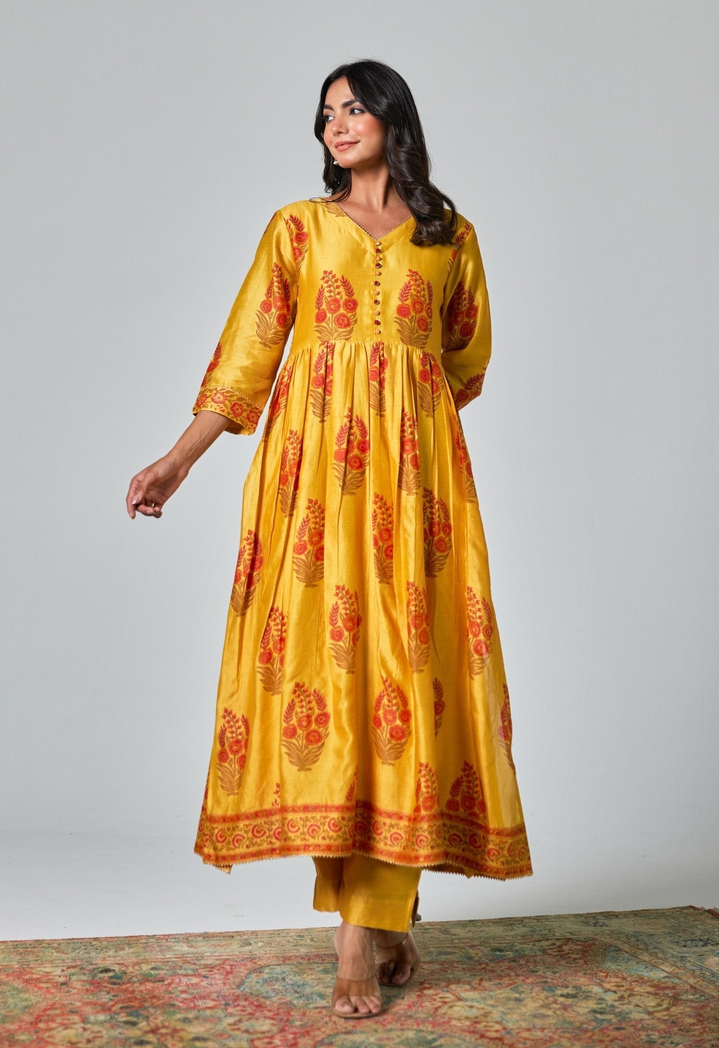 Chanderi Hand Block Printed Suit Set With Dupatta - Tara - C - Tara