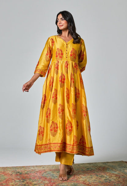 Chanderi Hand Block Printed Suit Set With Dupatta - Tara - C - Tara