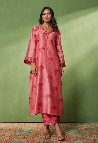 Chanderi Hand Block Printed Suit Set With Dupatta - Tara - C - Tara