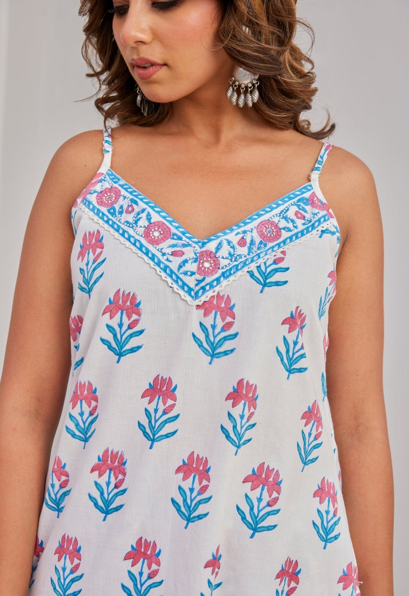 Cotton Hand Block Printed Strappy Kurta Set With Dupatta - Tara - C - Tara