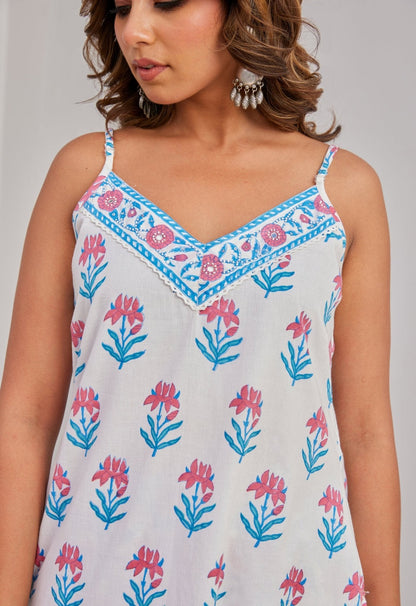 Cotton Hand Block Printed Strappy Kurta Set With Dupatta - Tara - C - Tara