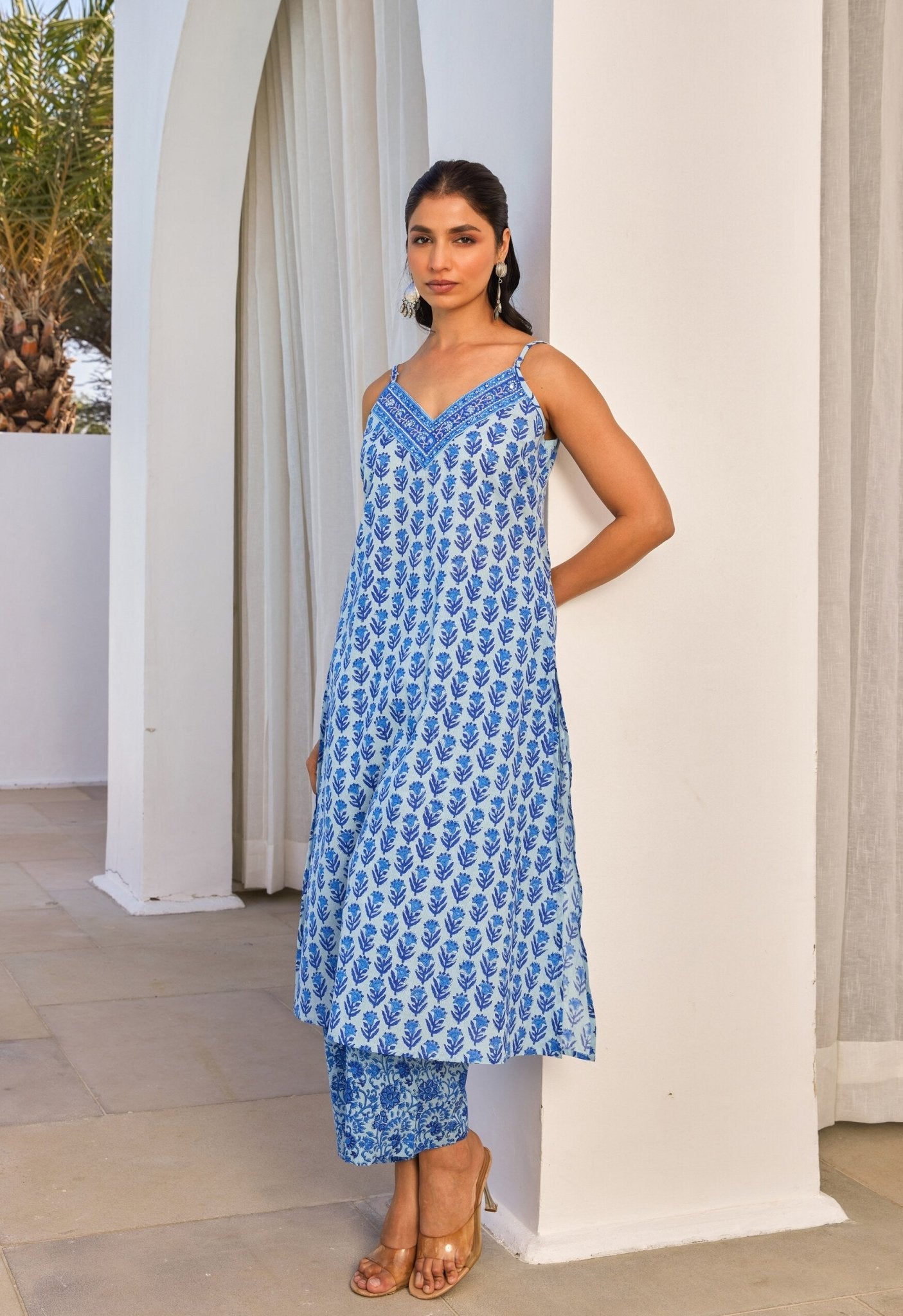 Cotton Hand Block Printed Strappy Kurta Set With Dupatta - Tara - C - Tara