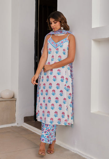 Cotton Hand Block Printed Strappy Kurta Set With Dupatta - Tara - C - Tara