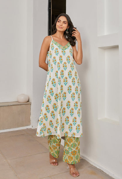 Cotton Hand Block Printed Strappy Kurta Set With Dupatta - Tara - C - Tara