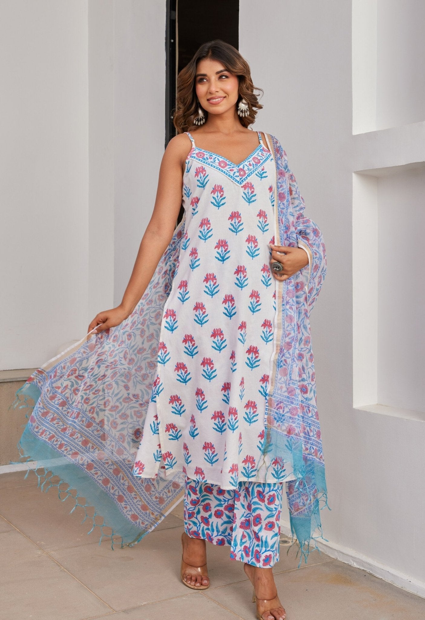 Cotton Hand Block Printed Strappy Kurta Set With Dupatta - Tara - C - Tara