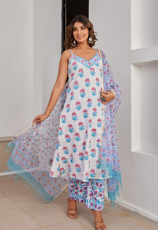 Cotton Hand Block Printed Strappy Kurta Set With Dupatta - Tara - C - Tara