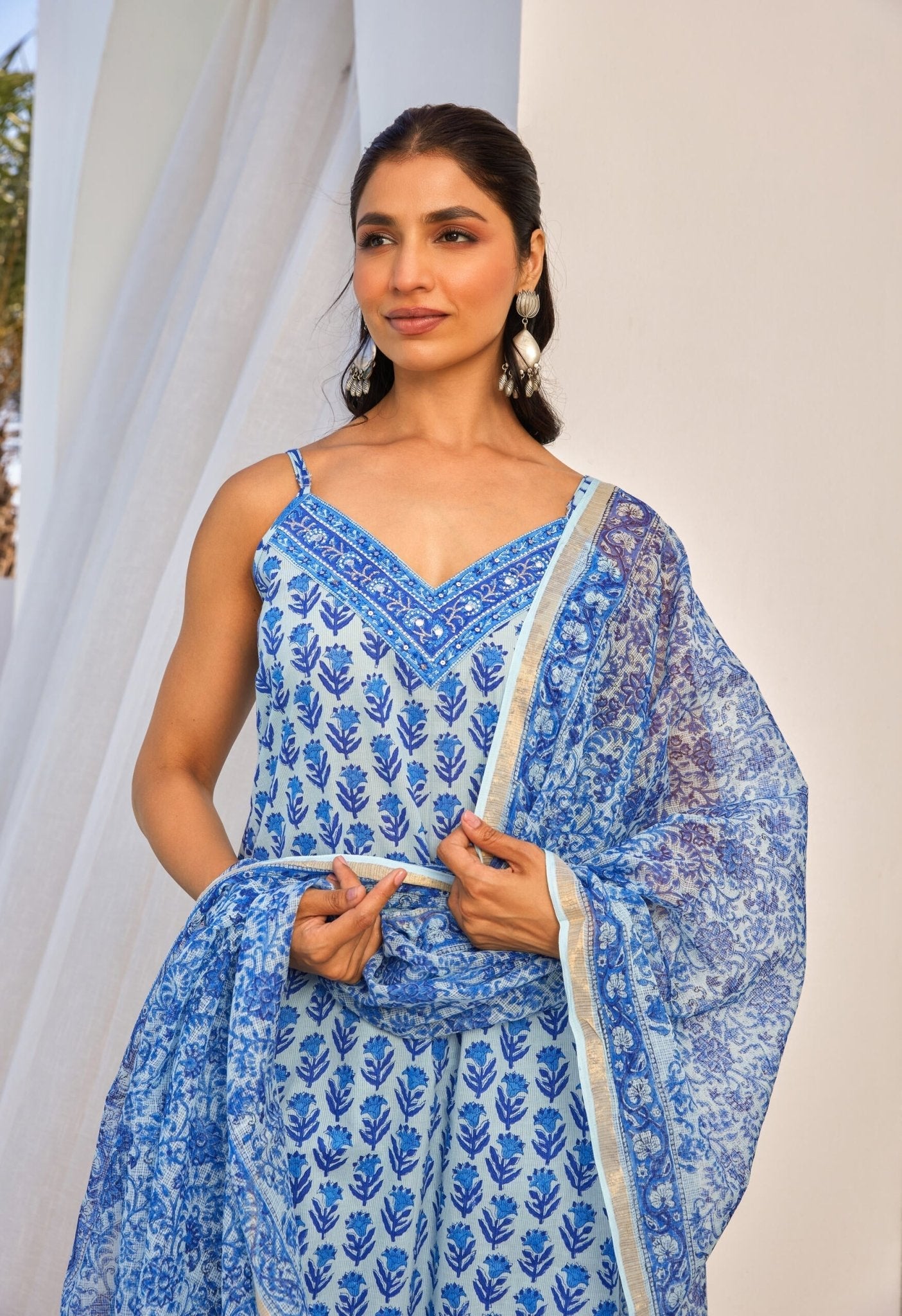 Cotton Hand Block Printed Strappy Kurta Set With Dupatta - Tara - C - Tara