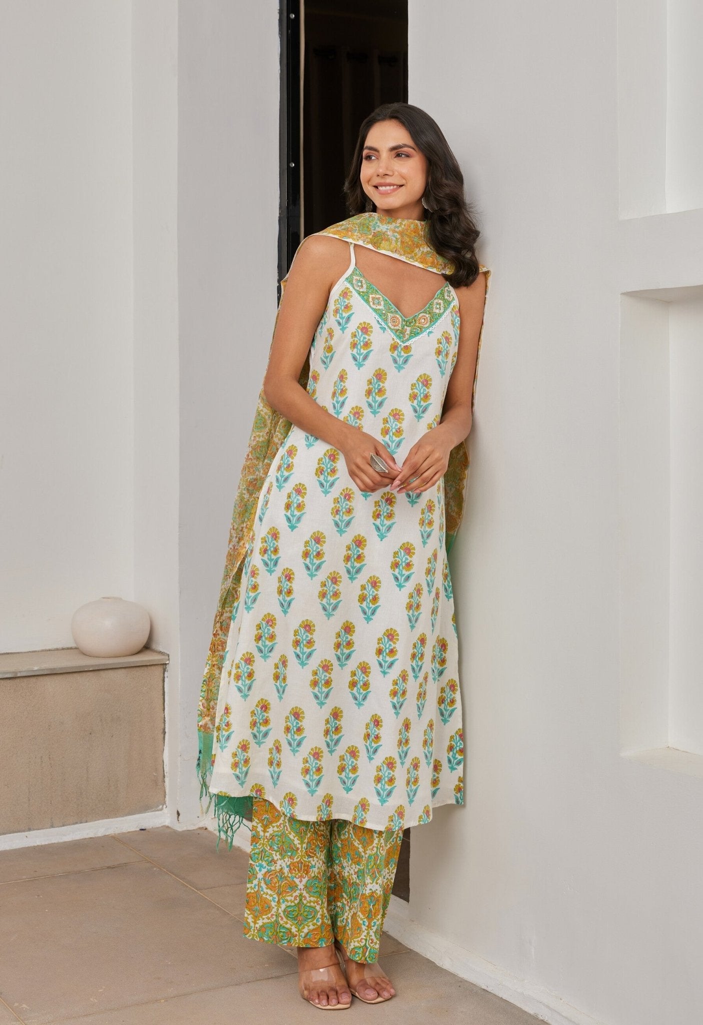 Cotton Hand Block Printed Strappy Kurta Set With Dupatta - Tara - C - Tara