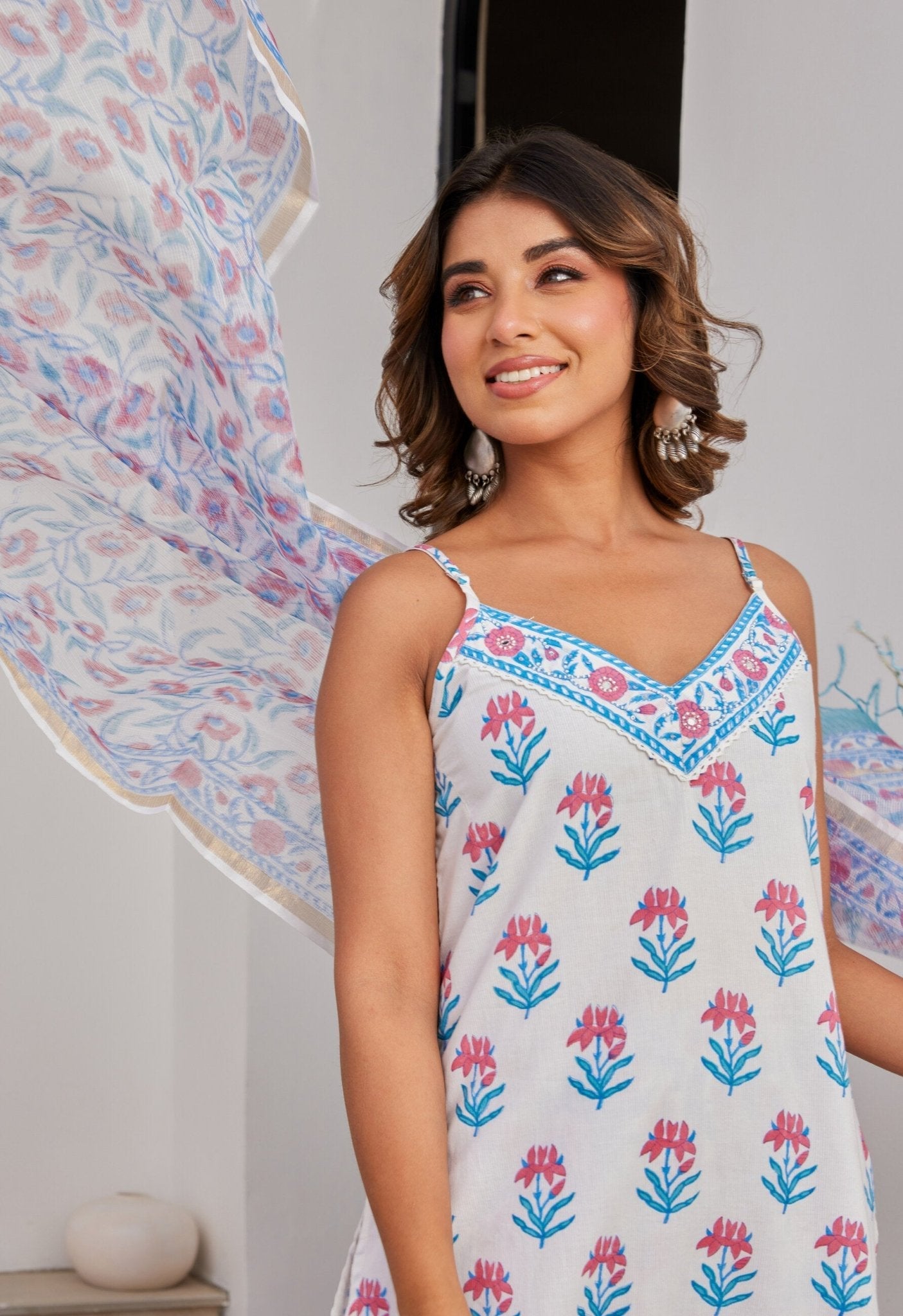 Cotton Hand Block Printed Strappy Kurta Set With Dupatta - Tara - C - Tara