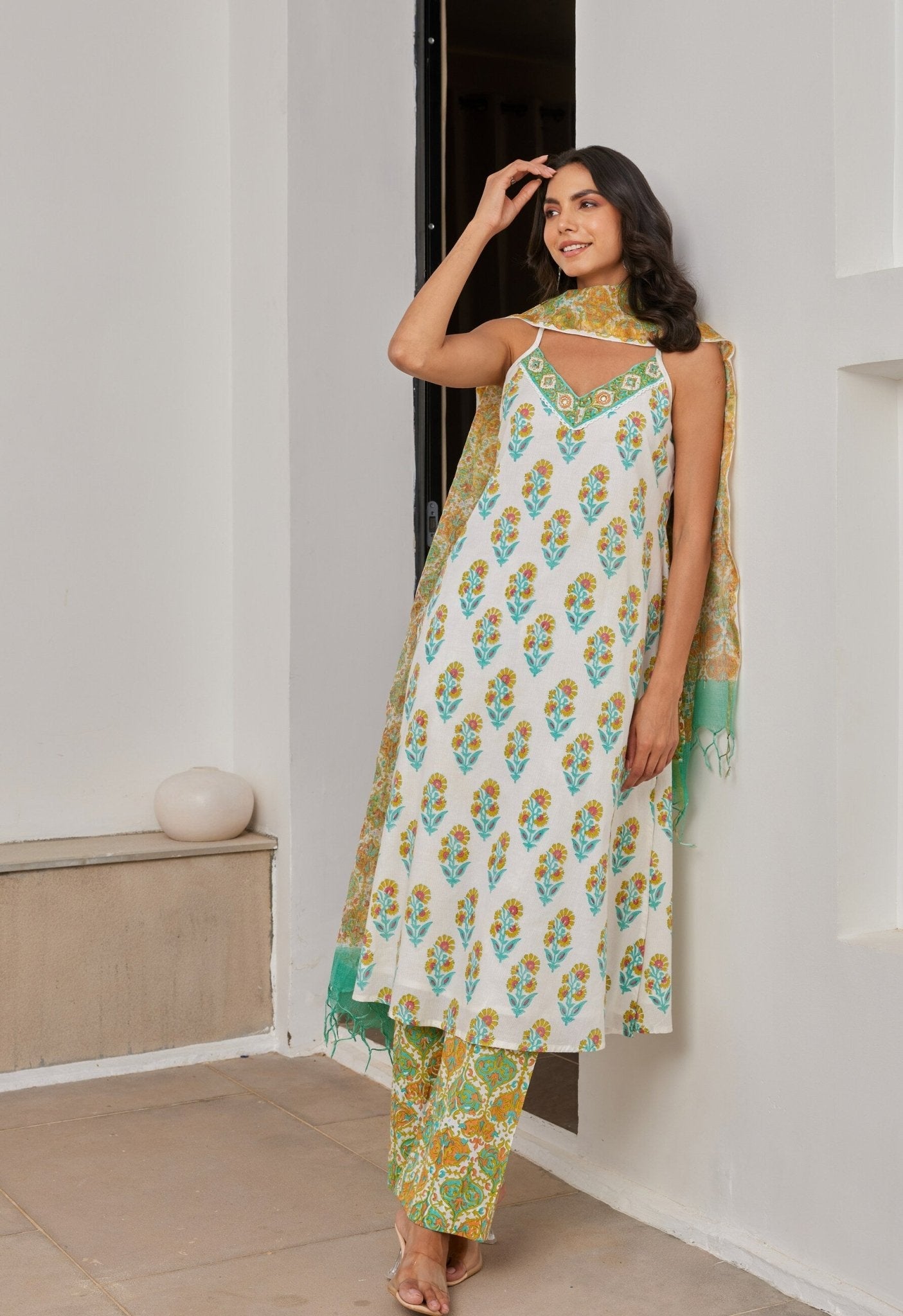 Cotton Hand Block Printed Strappy Kurta Set With Dupatta - Tara - C - Tara