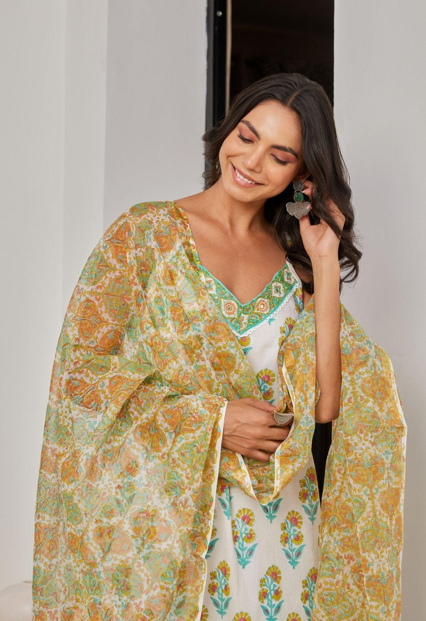 Cotton Hand Block Printed Strappy Kurta Set With Dupatta - Tara - C - Tara