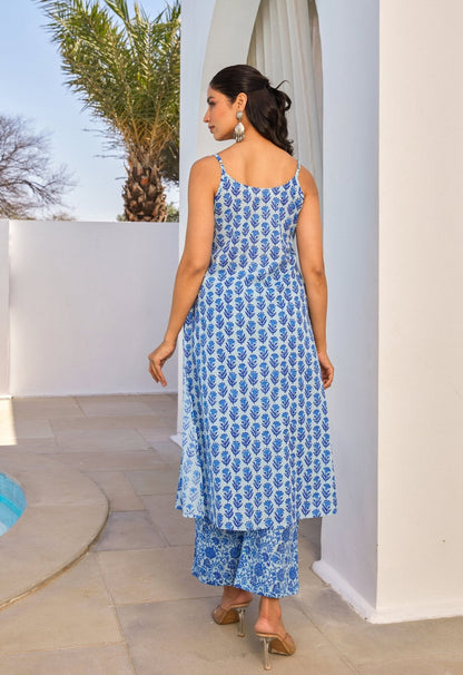 Cotton Hand Block Printed Strappy Kurta Set With Dupatta - Tara - C - Tara