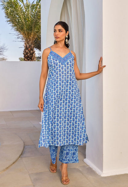 Cotton Hand Block Printed Strappy Kurta Set With Dupatta - Tara - C - Tara