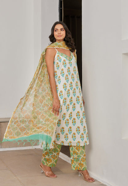 Cotton Hand Block Printed Strappy Kurta Set With Dupatta - Tara - C - Tara