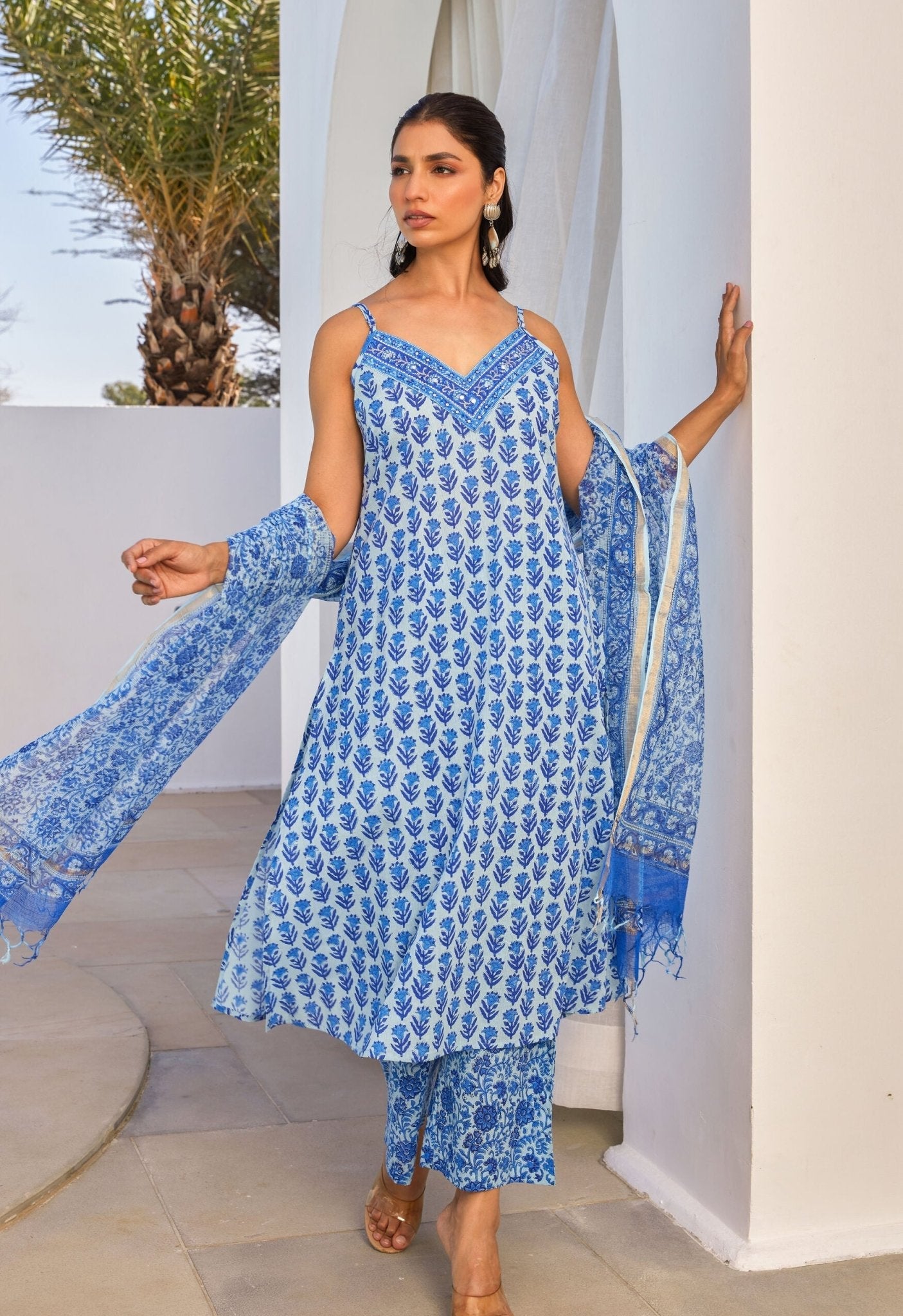 Cotton Hand Block Printed Strappy Kurta Set With Dupatta - Tara - C - Tara