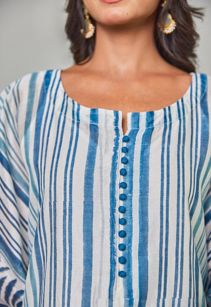 Elegance in Blue: Hand - Block Printed Off - White Chanderi Kaftan Set - Tara - C - Tara