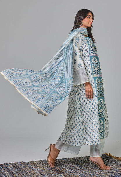 Elegant Serenity: Off - White Chanderi Kurta Set with Blue Block Print and Matching Dupatta - Tara - C - Tara
