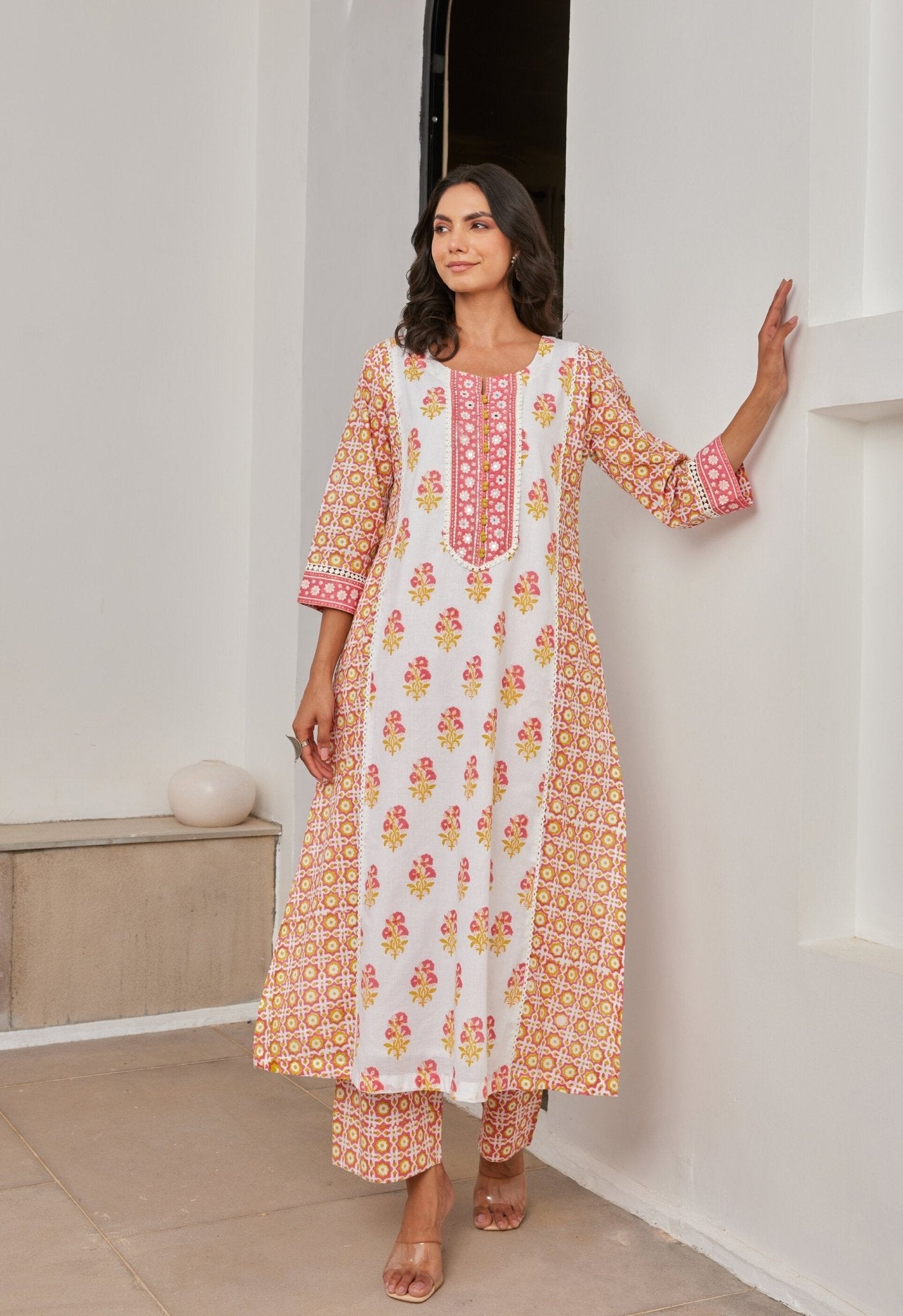 Floral Cotton hand Block Printed Kurta Set With Dupatta - Tara - C - Tara