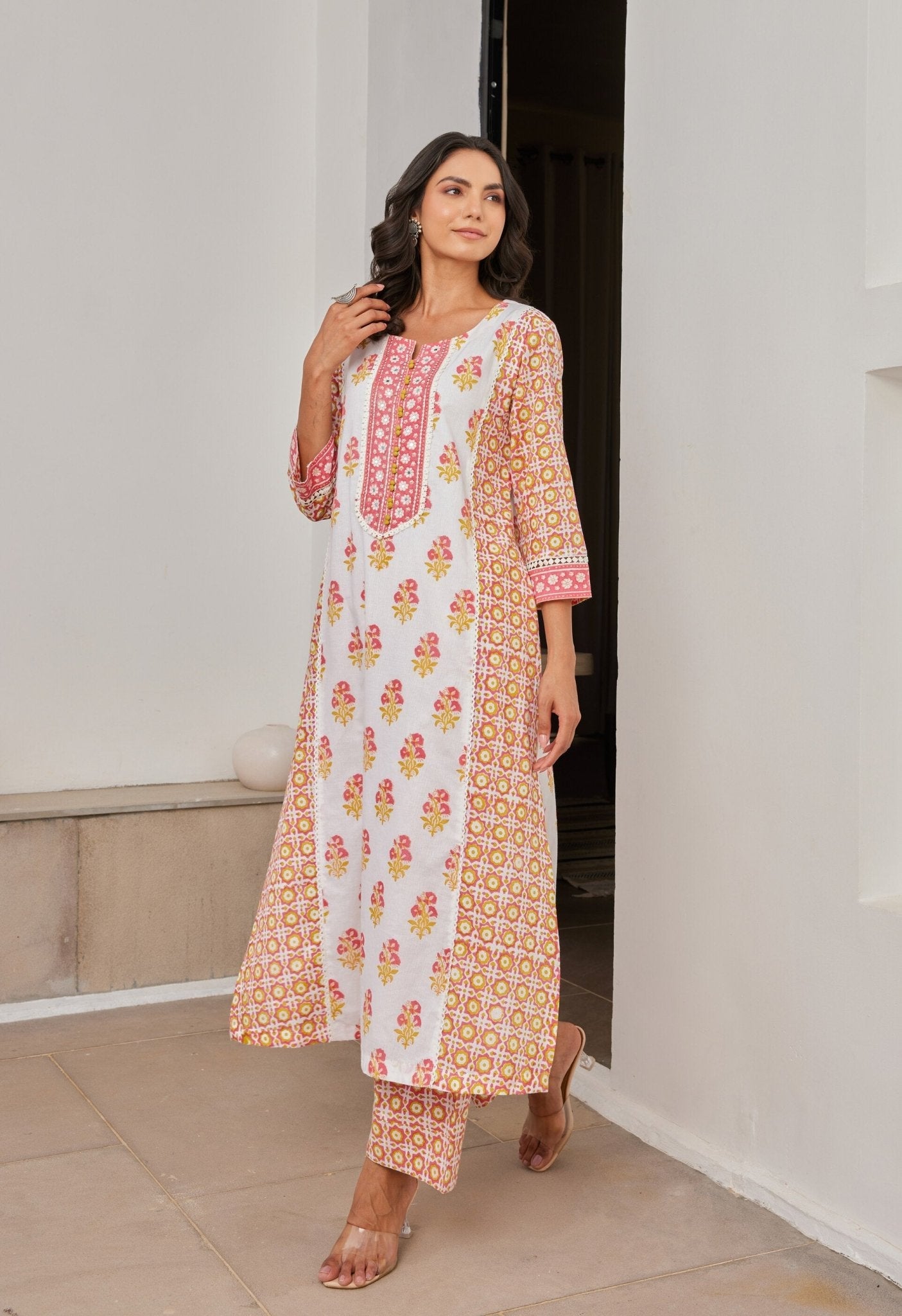 Floral Cotton hand Block Printed Kurta Set With Dupatta - Tara - C - Tara