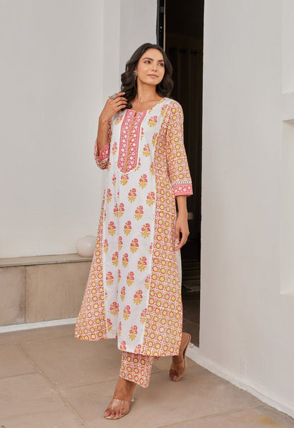 Floral Cotton hand Block Printed Kurta Set With Dupatta - Tara - C - Tara