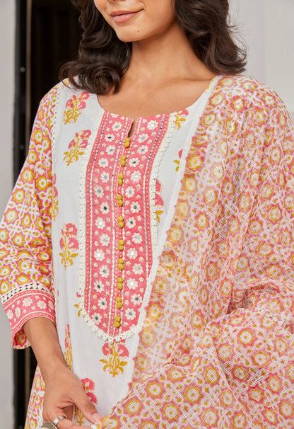 Floral Cotton hand Block Printed Kurta Set With Dupatta - Tara - C - Tara