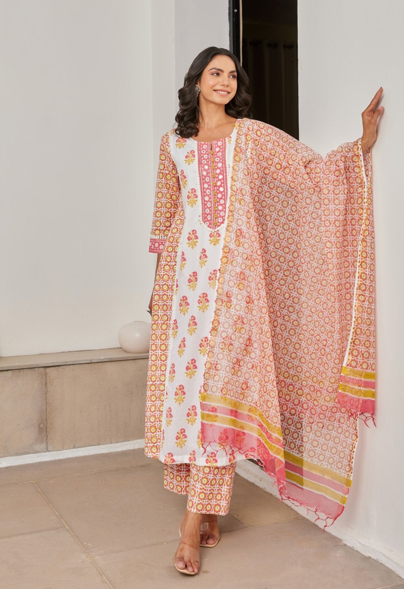 Floral Cotton hand Block Printed Kurta Set With Dupatta - Tara - C - Tara