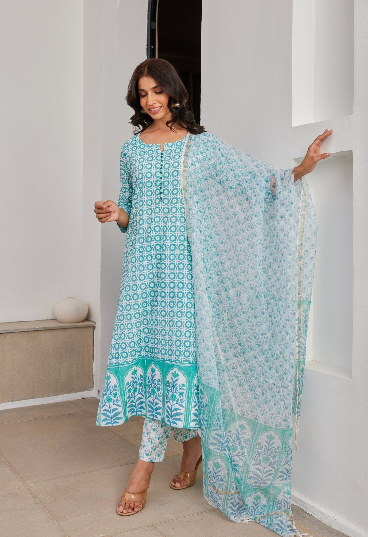 Green Abstract Hand Block Printed Kurta Set with Dupatta - Tara - C - Tara