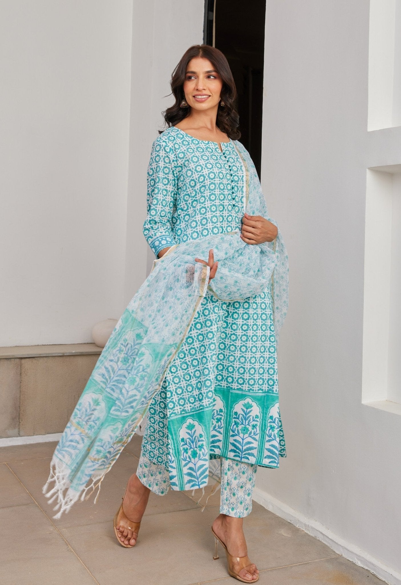Green Abstract Hand Block Printed Kurta Set with Dupatta - Tara - C - Tara
