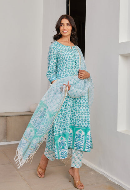 Green Abstract Hand Block Printed Kurta Set with Dupatta - Tara - C - Tara