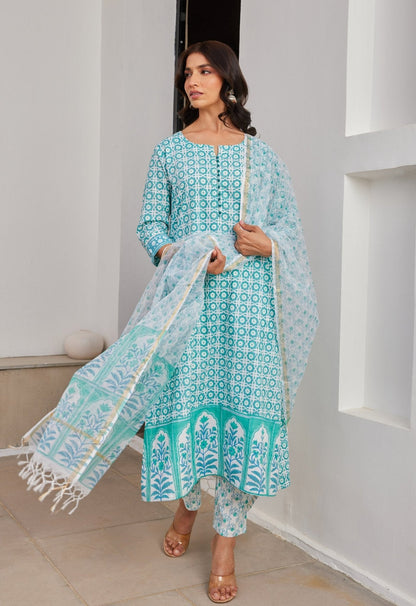 Green Abstract Hand Block Printed Kurta Set with Dupatta - Tara - C - Tara